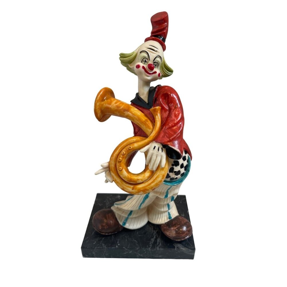 Vintage Charles Serouja & Son French Horn Clown Resin 9.5" Statue Made in Italy